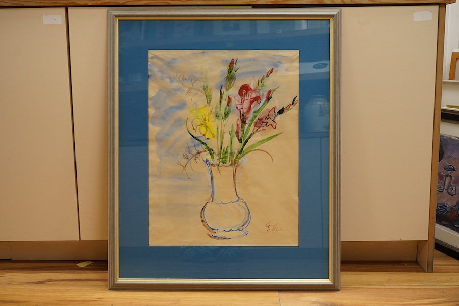 Georges Aczel (French, 20th. C), watercolour, Still life of flowers in a vase, signed, 52 x 40cm. Condition - fair, paper discoloured